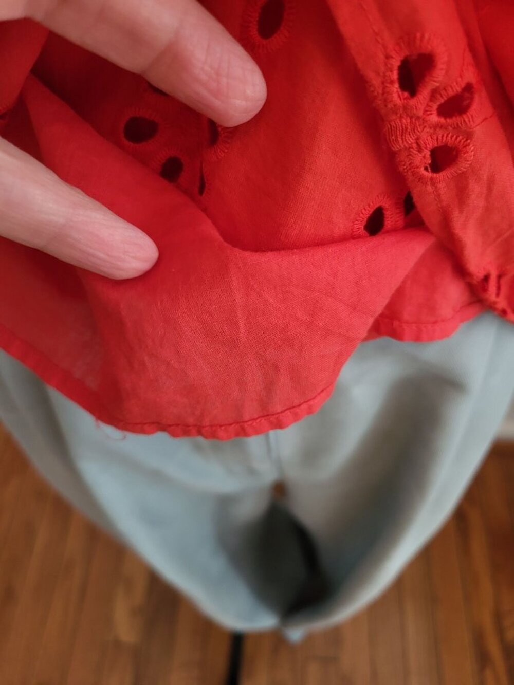 J Crew Red Eyelet Blouse Flutter Sleeve L Preppy Coastal Summer July 4th Brunch - Picture 4 of 10